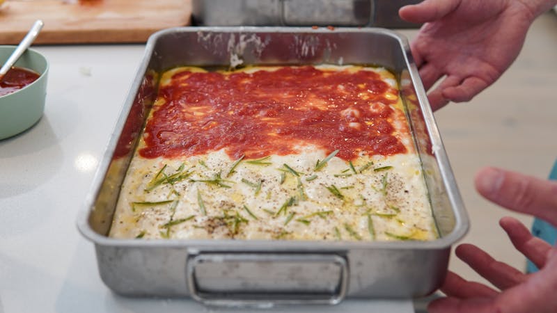 Classic Pepperoni Detroit-style pizza with crispy edges